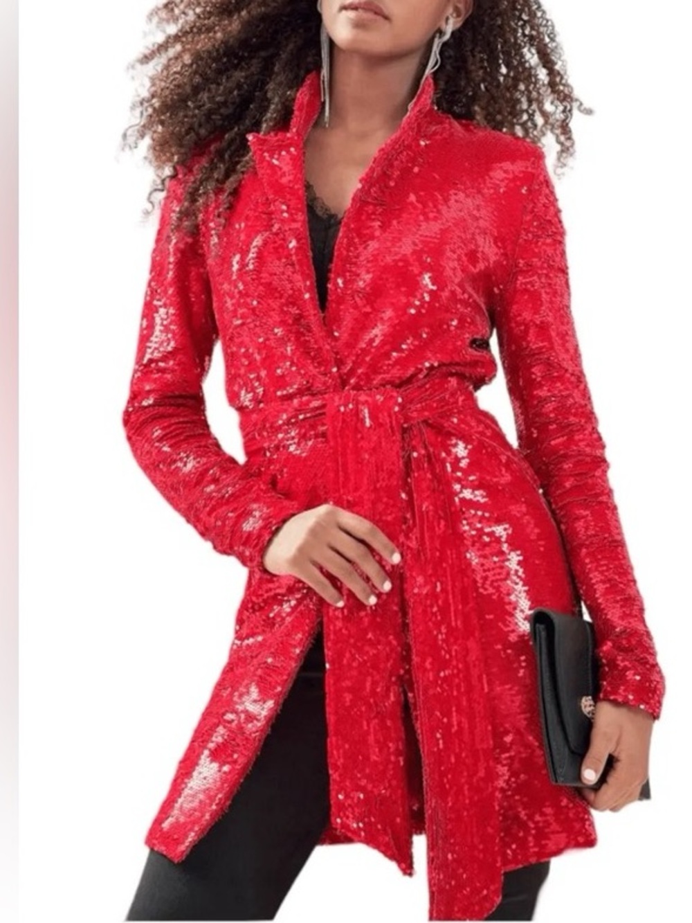 VENUS Red Sequin Belted Duster Midi length Jacket Size 14 , snap button front - Picture 12 of 12